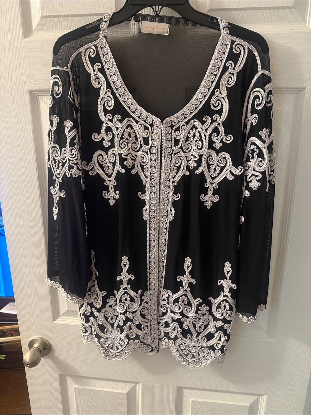 Simply Couture Black Mesh Tunic with White Embroidered Lace